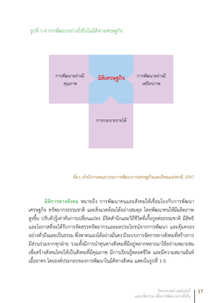 17วิทยาศาสตร์ เทคโนโลยี
และนวัตกรรม เพื่อการพัฒนาอย่างยั่งยืน
รูปที่ 1-4 การพัฒนาอย่างยั่งยืนในมิติทางเศรษฐกิจ
ที่มา: สำนักงานคณะกรรมการพัฒนาการเศรษฐกิจและสังคมแห่งชาติ, 2547
มิติการทางสังคม หมายถึง การพัฒนาคนและสังคมให้เชื่อมโยงกับการพัฒนา
เศรษฐกิจ ทรัพยากรธรรมชาติ และสิ่งแวดล้อมได้อย่างสมดุล โดยพัฒนาคนให้มีผลิตภาพ
สูงขึ้น ปรับตัวรู้เท่าทันการเปลี่ยนแปลง มีจิตสำนึกและวิถีชีวิตที่เกื้อกูลต่อธรรมชาติ มีสิทธิ
และโอกาสที่จะได้รับการจัดสรรทรัพยากรและผลประโยชน์จากการพัฒนา และคุ้มครอง
อย่างทั่วถึงและเป็นธรรม พึ่งพาตนเองได้อย่างมั่นคง มีระบบการจัดการทางสังคมที่สร้างการ
มีส่วนร่วมจากทุกฝ่าย รวมทั้งมีการนำทุนทางสังคมที่มีอยู่หลากหลายมาใช้อย่างเหมาะสม
เพื่อสร้างสังคมไทยให้เป็นสังคมที่มีคุณภาพ มีการเรียนรู้ตลอดชีวิต และมีความสมานฉันท์
เอื้ออาทร โดยองค์ประกอบของการพัฒนาในมิติทางสังคม แสดงในรูปที่ 1-5
มิติเศรษฐกิจ การพัฒนาอย่างมี
เสถียรภาพ
การพัฒนาอย่างมี
คุณภาพ
การกระจายรายได้
 