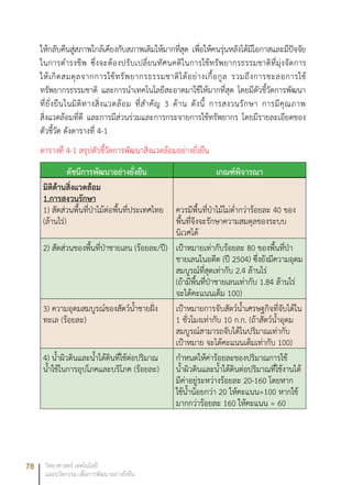 78 วิทยาศาสตร์ เทคโนโลยี
และนวัตกรรม เพื่อการพัฒนาอย่างยั่งยืน
ให้กลับคืนสู่สภาพใกล้เคียงกับสภาพเดิมให้มากที่สุด เพื่อให้คนรุ่นหลังได้มีโอกาสและมีปัจจัย
ในการดำรงชีพ ซึ่งจะต้องปรับเปลี่ยนทัศนคติในการใช้ทรัพยากรธรรมชาติที่มุ่งจัดการ
ให้เกิดสมดุลจากการใช้ทรัพยากรธรรมชาติได้อย่างเกื้อกูล รวมถึงการชะลอการใช้
ทรัพยากรธรรมชาติ และการนำเทคโนโลยีสะอาดมาใช้ให้มากที่สุด โดยมีตัวชี้วัดการพัฒนา
ที่ยั่งยืนในมิติทางสิ่งแวดล้อม ที่สำคัญ 3 ด้าน ดังนี้ การสงวนรักษา การมีคุณภาพ
สิ่งแวดล้อมที่ดี และการมีส่วนร่วมและการกระจายการใช้ทรัพยากร โดยมีรายละเอียดของ
ตัวชี้วัด ดังตารางที่ 4-1
ตารางที่ 4-1 สรุปตัวชี้วัดการพัฒนาสิ่งแวดล้อมอย่างยั่งยืน
ดัชนีการพัฒนาอย่างยั่งยืน เกณฑ์พิจารณา
มิติด้านสิ่งแวดล้อม
1.การสงวนรักษา
1) สัดส่วนพื้นที่ป่าไม้ต่อพื้นที่ประเทศไทย
(ล้านไร่)
ควรมีพื้นที่ป่าไม้ไม่ตํ่ากว่าร้อยละ 40 ของ
พื้นที่จึงจะรักษาความสมดุลของระบบ
นิเวศได้
2) สัดส่วนของพื้นที่ป่าชายเลน (ร้อยละ/ปี) เป้าหมายเท่ากับร้อยละ 80 ของพื้นที่ป่า
ชายเลนในอดีต (ปี 2504) ซึ่งยังมีความอุดม
สมบูรณ์ที่สุดเท่ากับ 2.4 ล้านไร่
(ถ้ามีพื้นที่ป่าชายเลนเท่ากับ 1.84 ล้านไร่
จะได้คะแนนเต็ม 100)
3) ความอุดมสมบูรณ์ของสัตว์น้ำชายฝั่ง
ทะเล (ร้อยละ)
เป้าหมายการจับสัตว์นํ้าเศรษฐกิจที่จับได้ใน
1 ชั่วโมงเท่ากับ 10 ก.ก. (ถ้าสัตว์นํ้าอุดม
สมบูรณ์สามารถจับได้ในปริมาณเท่ากับ
เป้าหมาย จะได้คะแนนเต็มเท่ากับ 100)
4) นํ้าผิวดินและนํ้าใต้ดินที่ใช้ต่อปริมาณ
นํ้าใช้ในการอุปโภคและบริโภค (ร้อยละ)
กำหนดให้ค่าร้อยละของปริมาณการใช้
นํ้าผิวดินและน้ำใต้ดินต่อปริมาณที่ใช้งานได้
มีค่าอยู่ระหว่างร้อยละ 20-160 โดยหาก
ใช้นํ้าน้อยกว่า 20 ให้คะแนน=100 หากใช้
มากกว่าร้อยละ 160 ให้คะแนน = 60
 