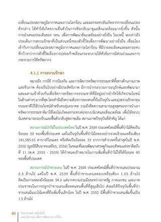 80 วิทยาศาสตร์ เทคโนโลยี
และนวัตกรรม เพื่อการพัฒนาอย่างยั่งยืน
เปลี่ยนแปลงสภาพภูมิอากาศและภาวะโลกร้อน และผลกระทบอันเกิดจากการเปลี่ยนแปลง
ดังกล่าว ได้ทำให้เกิดความตื่นตัวในการหันกลับมาดูแลสิ่งแวดล้อมมากยิ่งขึ้น ดังนั้น
การนำเสนอประเด็นของ วทน. เพื่อการพัฒนาสิ่งแวดล้อมอย่างยั่งยืน ในบทนี้ จะกล่าวถึง
ประเด็นการสงวนรักษาที่เป็นส่วนหนึ่งของตัวชี้วัดเพื่อการพัฒนาอย่างยั่งยืน เชื่อมโยง
เข้ากับการเปลี่ยนแปลงสภาพภูมิอากาศและภาวะโลกร้อน ที่มีรายละเอียดและผลกระทบ
ที่กว้างกว่าการตัวชี้วัดเรื่องการปล่อยก๊าซเรือนกระจกภายใต้หัวข้อการมีส่วนร่วมและการ
กระจายการใช้ทรัพยากร
4.1.1 การสงวนรักษา
หมายถึง การใช้ การป้องกัน และการจัดการทรัพยากรธรรมชาติทั้งทางด้านกายภาพ
และชีวภาพ ต้องเป็นไปอย่างมีประสิทธิภาพ มีการนำกระบวนการอนุรักษ์และพัฒนามา
ผสมผสานเข้าด้วยกันเพื่อจัดการทรัพยากรธรรมชาติที่มีอยู่อย่างจำกัดให้เกิดประโยชน์
ในด้านต่างๆ มากที่สุด โดยคำนึงถึงความต้องการของคนทั้งในปัจจุบัน และมุ่งสงวนรักษาทุน
ธรรมชาติไว้ใช้ประโยชน์สำหรับคนรุ่นอนาคต รวมถึงขีดความสามารถสูงสุดของการนำเอา
ทรัพยากรธรรมชาติมาใช้โดยไม่เกิดผลกระทบต่อระบบนิเวศและสิ่งแวดล้อม เพื่อให้ระบบ
นิเวศสามารถรองรับและฟื้นตัวกลับสู่สภาพเดิม สถานภาพปัจจุบันที่สำคัญ ได้แก่
สถานการณ์ป่าไม้ในประเทศไทย ในปี พ.ศ. 2504 ประเทศไทยมีพื้นที่ป่าไม้คิดเป็น
ร้อยละ 50 ของพื้นที่ประเทศ แต่ในปัจจุบันพื้นที่ป่าไม้ลดลงอย่างรวดเร็วจนเหลือเพียง
141,585.65 ตารางกิโลเมตร หรือคิดเป็นร้อยละ 33 จากการสำรวจครั้งล่าสุดในปี พ.ศ.
2552 (มูลนิธิสืบนาคะเสถียร, 2556) ในขณะที่แผนพัฒนาเศรษฐกิจและสังคมแห่งชาติฉบับ
ที่ 11 (พ.ศ. 2555 - 2559) ได้กำหนดเป้าหมายในการเพิ่มพื้นที่ป่าไม้ให้ได้ร้อยละ 40
ของพื้นที่ประเทศ
สถานการณ์ป่าชายเลน ในปี พ.ศ. 2504 ประเทศไทยมีพื้นที่ป่าชายเลนประมาณ
2.3 ล้านไร่ แต่ในปี พ.ศ. 2539 พื้นที่ป่าชายเลนลดลงเหลือเพียง 1.05 ล้านไร่
คิดเป็นการลดลงถึงร้อยละ 54.3 แต่จากความร่วมมือระหว่างภาครัฐ ภาคเอกชน และภาค
ประชาชนในการปลูกป่าชายเลนเพื่อทดแทนพื้นที่ที่สูญเสียไป ส่งผลให้ปัจจุบันพื้นที่ป่า
ชายเลนมีแนวโน้มคงที่ถึงเพิ่มขึ้นเล็กน้อย ในปี พ.ศ. 2552 มีพื้นที่ป่าชายเลนเพิ่มขึ้นเป็น
1.5 ล้านไร่
 