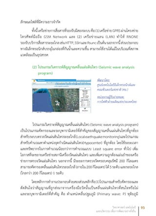 93วิทยาศาสตร์ เทคโนโลยี
และนวัตกรรม เพื่อการพัฒนาอย่างยั่งยืน
ลักษณะไฟล์ที่มีความยาวจำกัด
ทั้งนี้เครือข่ายการสื่อสารที่รองรับมีสองระบบคือ(1)เครือข่ายGPRSผ่านโครงข่าย
โทรศัพท์มือถือ GSM Network และ (2) เครือข่ายแลน (LAN) ทำให้ RNONE
รองรับบริการสื่อสารระยะไกลเช่นHTTP,SSHและRsuncเป็นต้นนอกจากนี้ส่วนประกอบ
ทางอิเล็กทรอนิกส์บรรจุในกล่องที่กันน้ำและความชื้น สามารถใช้งานได้แม้ในบริเวณที่สภาพ
แวดล้อมเป็นอุปสรรค
(2)	โปรแกรมวิเคราะห์สัญญาณคลื่นแผ่นดินไหว (Seismic wave analysis
program)
โปรแกรมวิเคราะห์สัญญาณคลื่นแผ่นดินไหว (Seismic wave analysis program)
เป็นโปรแกรมคัดกรองและระบุพารามิเตอร์ที่สำคัญของสัญญาณคลื่นแผ่นดินไหวที่ถูกต้อง
สำหรับระบบตรวจวัดแผ่นดินไหวระยะใกล้(Localearthquakemonitoring)และโปรแกรม
สำหรับคำนวณหาตำแหน่งจุดกำเนิดแผ่นดินไหว(Hypocenter) ที่ถูกต้อง โดยใช้ระยะเวลา
และทรัพยากรในการคำนวณน้อยกว่าการคำนวณแบบ Least square error ทั่วไป เพิ่ม
โอกาสที่จะขยายเครือข่ายสถานีเครื่องวัดแผ่นดินไหว และเพิ่มความถูกต้องแม่นยำของเครือ
ข่ายการตรวจวัดแผ่นดินไหว นอกจากนี้ มีระยะการตรวจวัดครอบคลุมรัศมี 200 กิโลเมตร
สามารถคัดกรองคลื่นแผ่นดินไหวระยะใกล้(ภายใน200กิโลเมตร)ได้5ระดับและระยะไกล
(ไกลกว่า 200 กิโลเมตร) 1 ระดับ
โดยหลักการทำงานประกอบด้วยสองส่วนหลักคือ(1)โปรแกรมสำหรับคัดกรองและ
ตัดสินใจว่าสัญญาณที่ถูกส่งมาจากเครื่องมือวัดนั้นเป็นคลื่นแผ่นดินไหวที่สนใจหรือไม่
และระบุพารามิเตอร์ที่สำคัญ คือ ตำแหน่งคลื่นปฐมภูมิ (Primary wave: P) ทุติยภูมิ
พัฒนาโดย:
ศูนย์เทคโนโลยีอิเล็กทรอนิกส์และ
คอมพิวเตอร์แห่งชาติ (ศอ.)
หน่วยงานผู้รับถ่ายทอด:
การไฟฟ้าฝ่ายผลิตแห่งประเทศไทย
 
