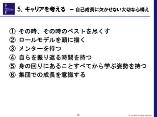 ①	
 その時、その時のベストを尽くす	
 
②	
 ロールモデルを頭に描く	
 
③	
 メンターを持つ	
 
④	
 自らを振り返る時間を持つ	
 
⑤	
 身の回りにあることすべてから学ぶ姿勢を持つ	
 
⑥	
 集団での成長を意識する	
 
-38- © GLOBIS All rights reserved.
5．キャリアを考える　ー  自己成長に欠かせない大切な心構え
 
