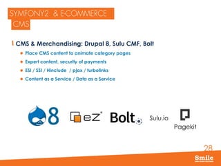 28
CMS & Merchandising: Drupal 8, Sulu CMF, Bolt
 Place CMS content to animate category pages
 Expert content, security of payments
 ESI / SSI / Hinclude / pjax / turbolinks
 Content as a Service / Data as a Service
Sulu.io
Pagekit
 