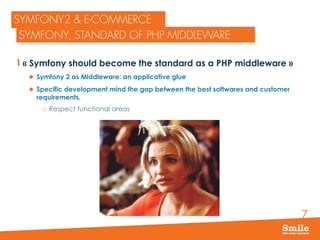 7
« Symfony should become the standard as a PHP middleware »
 Symfony 2 as Middleware: an applicative glue
 Specific development mind the gap between the best softwares and customer
requirements.
o Respect functional areas
 
