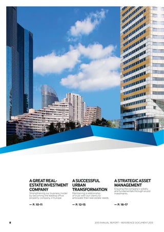 AGREATREAL-
ESTATEINVESTMENT
COMPANY
Strengthening our business
model by becoming
the leading office property
investment company in Europe.
— P. 10-11
ASUCCESSFUL
URBAN
TRANSFORMATION
Maintaining a relationship
of trust with our clients to
anticipate their real-estate needs.
— P. 12-15 — P. 16-17
ASTRATEGICASSET
MANAGEMENT
Ensuring the company’s solidity
and fundamentals through sound
investments.
ANNUAL REPORT – REFERENCE DOCUMENT 20138
 
