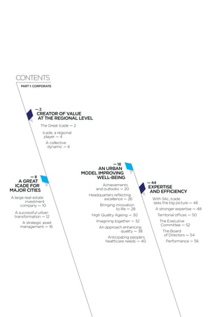 CONTENTS
— 2
CREATOR OF VALUE
AT THE REGIONAL LEVEL
The Great Icade — 2
Icade, a regional
player — 4
A collective
dynamic — 6
— 8
A GREAT
ICADE FOR
MAJOR CITIES
A great real-estate
investment
company — 10
A successful urban
transformation — 12
A strategic asset
management — 16
— 18
AN URBAN
MODEL IMPROVING
WELL-BEING
Achievements
and outlooks — 20
Headquarters reﬂecting
excellence — 26
Bringing innovation
to life — 28
High Quality Ageing — 30
Imagining together — 32
An approach enhancing
quality — 38
Anticipating people’s
healthcare needs — 40
— 44
EXPERTISE
AND EFFICIENCY
With Silic, Icade
sees the big picture — 46
A stronger expertise — 48
Territorial offices — 50
The Executive
Committee — 52
The Board
of Directors — 54
Performance — 56
PART 1: CORPORATE
 