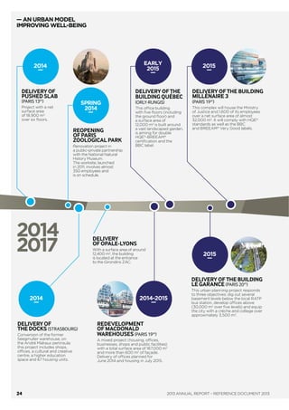 COMPLETION OF
3$125$0$b7(PARIS 13)
Signature of a real-estate development
contract with AG2R La Mondiale
for the construction of a new
building with 15,000 m2
of offices
and 990 m2
of shops on Plot T6C
in the Paris Rive Gauche ZAC.
ODYSSEUM
SHOPPING CENTRE
(MONTPELLIER)
Sale to Klépierre of
securities in this open-air
shopping and leisure centre,
containing 120 shops
and restaurants over more
than 50,000 m2
.
LAYING OF THE FOUNDATION
STONE OF THE PARC
DES CLOSBILLES (CERGY)
The Parc des Closbilles, a mixed project of
almost 55,000 m2
including 865 housing
units, received the following certiﬁcations:
HQE® Urban Development (approach
certiﬁed by Certivéa), NF Housing-HQE®,
BBC-effinergie+ (2012 thermal regulations),
Habitat  Environment (HE) and Qualitel.
In April, Icade was awarded a “Pyramide
d’argent” (silver award) for this project.
OCTOBERSEPTEMBER NOVEMBER DECEMBER
COMPLETELY
NEW PARTNERSHIP
WITH PHILIPS
To build the city of
the future together,
this partnership involves
the design of innovative
solutions relating to
lighting and healthcare
technology applied
to real estate.
OCT. 21
—
COMPLETION
OF THE MERGER
BETWEEN
ICADE AND SILIC
Creation of the leading
office real-estate
company in Europe,
with a portfolio of
€9.1 billion of assets,
the leading office
real-estate company
in the Ile-de-France
region and the leading
healthcare real-estate
company in France,
with 59 establishments.
DEC. 31
—
…2013
SEPT. 23
—
LAYING OF THE
FOUNDATION
STONE OF
9(57(7b2
(AUBERVILLIERS)
With a total net surface
area of 12,000 m2
,
this residence will
comprise 168 collective
housing units for ﬁrst-
time buyers, distributed
over two buildings,
A and B, with eight
ﬂoors (including
the ground ﬂoor).
INAUGURATION
OF TRAMWAY LINE T7
The Parc Orly-Rungis is the ﬁrst
business park in the Ile-de-France
region to be crossed by an RATP
tramway. Plans to create an exit from
the A106 motorway to access the
Parc Orly-Rungis were approved.
NOV. 16
—
DELIVERY
OF AMBRE (LYONS)
Plot M, Ambre,
has a total net surface
area of 12,300 m2
.
SEPT.
—
DEC. 3
—
DEC. 2
—
23
 