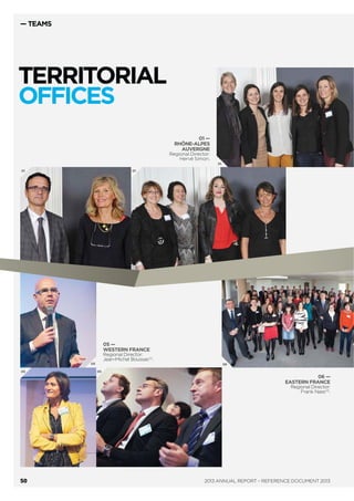 — TEAMS
A STRONGER
EXPERTISE
— Icade operates across all real-estate business lines. Following its merger with real-
estate investment company Silic, Icade can offer its clients and business partners, a
range of complementary products and expertise. This means that to offer its clients
more than property, Icade’s various projects—offices, business parks, residential property,
shops and public facilities—adopt an approach incorporating functional, intergenerational
and social diversity.
The varied commercial offering and skills of teams present throughout France (seven
regional divisions) and at every stage in the real-estate value chain (development, design,
contracting, marketing, and administrative and technical management) allow Icade to
be the preferred and trusted partner of regional public and private players.
48
 