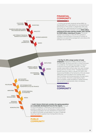 PUBLIC
COMMUNITY
— On May 31, 2013, a large number of Icade
employees joined around 800 runners to climb
the 954 steps, 50 ﬂoors and 230 m of the Tour First
in La Défense—the highest skyscraper in France—
a vertical running race called VertiGO. This ﬁrst
socially-responsible vertical urban race was included
among the ﬁve winners of the “Trophées Sporsora”
awards ceremony, held on January 20, 2014 in the
Grand Amphithéâtre of the Sorbonne. All funds raised
(€80,000) were donated to the charities Sport
Sans Frontières, promoting education through sport,
and AT Europe. The event, organised by Sport
Sans Frontières, Icade and Beacon Capital Partners,
also aimed to re-appropriate urban complexes.
— Icade’s Seniors think-tank considers the ageing population
as a sustainable development focus for the regions.
Through its recommendations, it attempts to demonstrate
that it is possible to adapt the city to the lifestyles of elderly
people. The ageing population represents not only an opportunity
for regions and public-private players, but also a challenge
requiring Icade to question how it brings life to the city.
SOCIAL
COMMUNITY
STATUTORY
AUDITORS
SHAREHOLDERS (INCLUDING
THE CAISSE DES DÉPÔTS)
AMF (FRENCH FINANCIAL
MARKETS AUTHORITY)
FINANCIAL
JOURNALISTS
FRENCH LABOUR
INSPECTORATE
OCCUPATIONAL
MEDICINE
ANALYSTS
RATING AGENCIES
BANKS
UNIONS
EMPLOYEES
MINISTRIES
PUBLIC
RESEARCHERS
SGP (SOCIÉTÉ
DU GRAND PARIS)
REGIONAL
AUTHORITIES
MUNICIPALITIES
STIF (SYNDICAT DES
TRANSPORTS D’ILE-DE-FRANCE)
INTERCOMMUNAL
AUTHORITIES
POLITICIANS
MEDIA
INVESTORS
— Further having been assigned BBB+ rating by
Standard&Poor’s, Icade placed two successfull bond
borrowings on the market. In September 2013, that
have been very well received by European investors.
These comprised two tranches: one for €500 million,
maturing at ﬁve years and four months, and a second
for €300 million, maturing at 10 years. This bond
market fund-raising is in line with the company’s
strategy of diversiﬁcation of sources of funding. Its
objective is to extend the average term and reduce the
average cost of its debt.
FINANCIAL
COMMUNITY
7
 