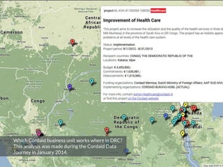 Which Cordaid business unit works where in DRC?
This analysis was made during the Cordaid Data
Journey in January 2014.
 