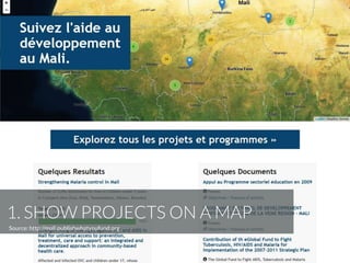 1. SHOW PROJECTS ON A MAP
Source: http://mali.publishwhatyoufund.org
 