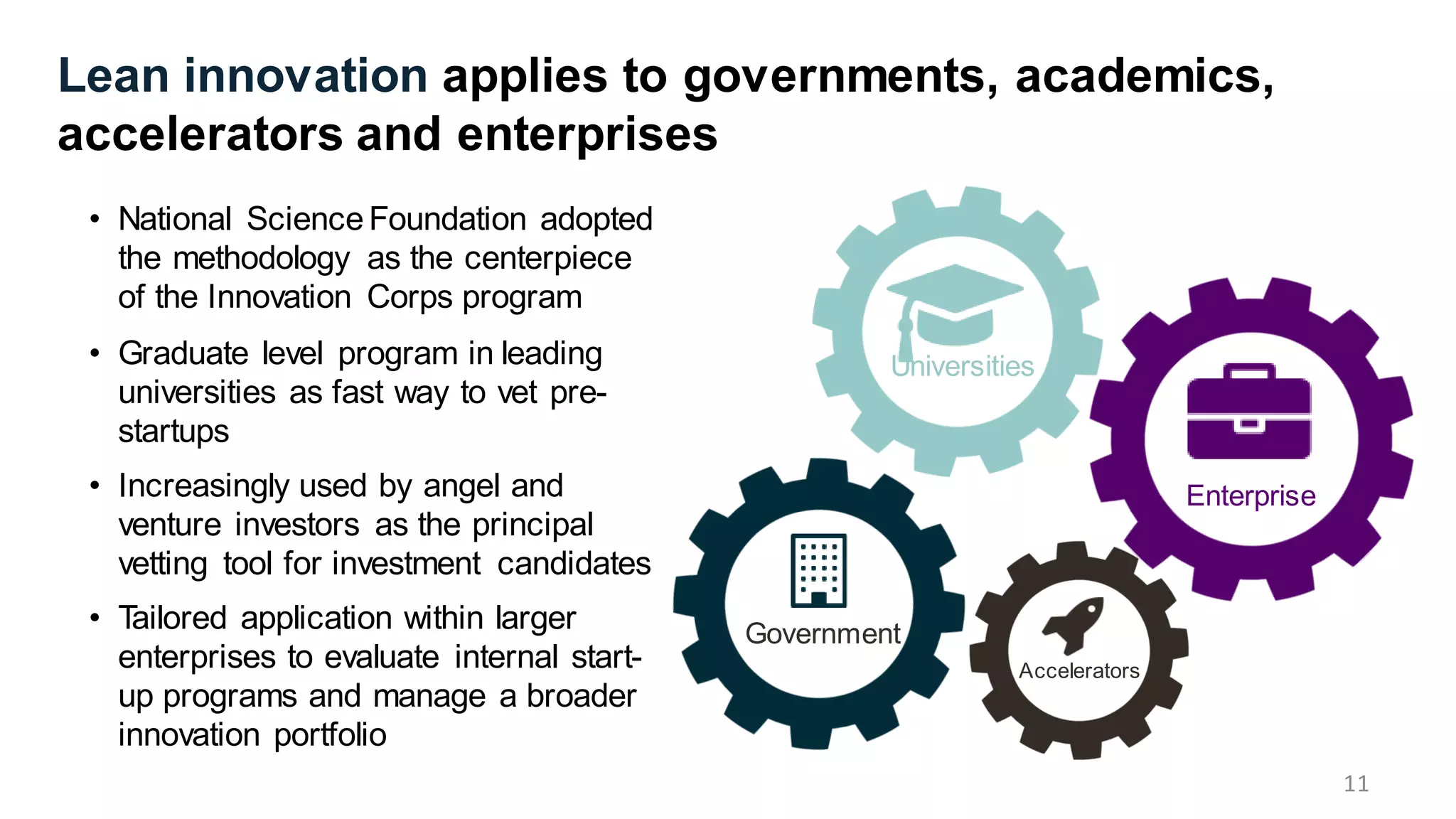 Enterprise
Accelerators
Government
Universities
Lean innovation applies to governments, academics,
accelerators and enterprises
• National ScienceFoundation adopted
the methodology as the centerpiece
of the Innovation Corps program
• Graduate level program in leading
universities as fast way to vet pre-
startups
• Increasingly used by angel and
venture investors as the principal
vetting tool for investment candidates
• Tailored application within larger
enterprises to evaluate internal start-
up programs and manage a broader
innovation portfolio
11
 
