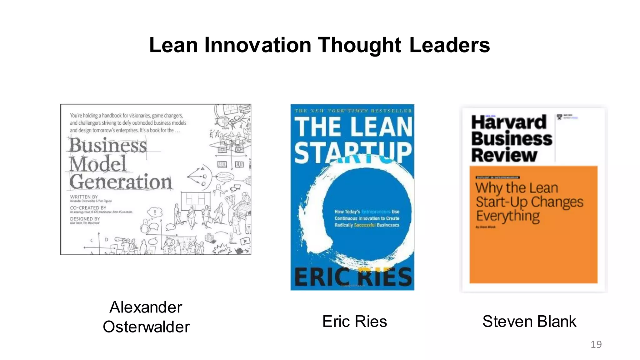 Lean Innovation Thought Leaders
19
Alexander
Osterwalder Eric Ries Steven Blank
 