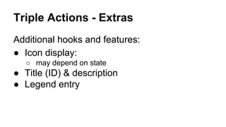 Triple Actions - Extras
Additional hooks and features:
● Icon display:
○ may depend on state
● Title (ID) & description
● Legend entry
 