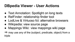 DBpedia Viewer - User Actions
● Text Annotation: Spotlight on long texts
● RelFinder: relationship finder tool
● LodLive & Virtuoso fct: alternative browsers
● Wikipedia: view source page
● Mappings Wiki: view mappings wiki page
⇒ may use any of the (subject, predicate, object) from a
triple
 
