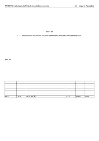 PROJETO Implantação de Unidade Industrial de Alimentos MA - Mapa de Aquisições
RFP - 51
1 . 3 . 2 Implantação de Unidade Industrial de Alimentos > Projetos > Projeto Executivo
NOTAS:
REV. DATA DESCRIÇÃO EXEC. VERIF. APR.
 