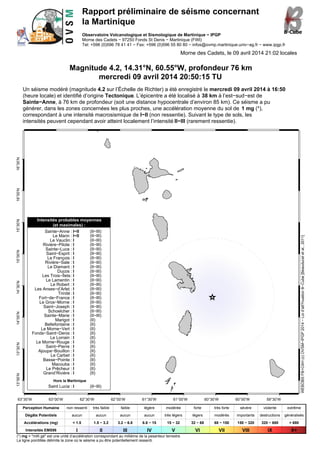 Rapport préliminaire de séisme concernant
la Martinique
Observatoire Volcanologique et Sismologique de Martinique − IPGP
Morne des Cadets − 97250 Fonds St Denis − Martinique (FWI)
Tel: +596 (0)596 78 41 41 − Fax: +596 (0)596 55 80 80 − infos@ovmp.martinique.univ−ag.fr − www.ipgp.fr
Morne des Cadets, le 09 avril 2014 21:02 locales
Magnitude 4.2, 14.31°N, 60.55°W, profondeur 76 km
mercredi 09 avril 2014 20:50:15 TU
Un séisme modéré (magnitude 4.2 sur l’Échelle de Richter) a été enregistré le mercredi 09 avril 2014 à 16:50
(heure locale) et identifié d’origine Tectonique. L’épicentre a été localisé à 38 km à l’est−sud−est de
Sainte−Anne, à 76 km de profondeur (soit une distance hypocentrale d’environ 85 km). Ce séisme a pu
générer, dans les zones concernées les plus proches, une accélération moyenne du sol de 1 mg (*),
correspondant à une intensité macrosismique de I−II (non ressentie). Suivant le type de sols, les
intensités peuvent cependant avoir atteint localement l’intensité II−III (rarement ressentie).
63°30’W 63°00’W 62°30’W 62°00’W 61°30’W 61°00’W 60°30’W 60°00’W 59°30’W
13°00’N13°30’N14°00’N14°30’N15°00’N15°30’N16°00’N16°30’N
Intensités probables moyennes
(et maximales) :
Sainte−Anne : I−II (II−III)
Le Marin : I−II (II−III)
Le Vauclin : I (II−III)
Rivière−Pilote : I (II−III)
Sainte−Luce : I (II−III)
Saint−Esprit : I (II−III)
Le François : I (II−III)
Rivière−Sale : I (II−III)
Le Diamant : I (II−III)
Ducos : I (II−III)
Les Trois−Îlets: I (II−III)
Le Lamentin : I (II−III)
Le Robert : I (II−III)
Les Anses−d’Arlet : I (II−III)
Trinité : I (II−III)
Fort−de−France : I (II−III)
Le Gros−Morne : I (II−III)
Saint−Joseph : I (II−III)
Schoelcher : I (II−III)
Sainte−Marie : I (II−III)
Marigot : I (II)
Bellefontaine : I (II)
Le Morne−Vert : I (II)
Fonds−Saint−Denis : I (II)
Le Lorrain : I (II)
Le Morne−Rouge : I (II)
Saint−Pierre : I (II)
Ajoupa−Bouillon : I (II)
Le Carbet : I (II)
Basse−Pointe : I (II)
Macouba : I (II)
Le Prêcheur : I (II)
Grand’Rivière : I (II)
Hors la Martinique
Saint Lucia : I (II−III)
WEBOBSFB+CAH(c)OVSM−IPGP2014−Loid’att?nuationB−Cube[Beauduceletal.,2011]
Perception Humaine non ressenti très faible faible légère modérée forte très forte sévère violente extrême
Dégâts Potentiels aucun aucun aucun aucun très légers légers modérés importants destructions généralisés
Accélérations (mg) < 1.5 1.5 − 3.2 3.2 − 6.8 6.8 − 15 15 − 32 32 − 68 68 − 150 150 − 320 320 − 680 > 680
Intensités EMS98 I II III IV V VI VII VIII IX X+
(*) mg = "milli gé" est une unité d’accélération correspondant au millième de la pesanteur terrestre
La ligne pointillée délimite la zone où le séisme a pu être potentiellement ressenti.
 