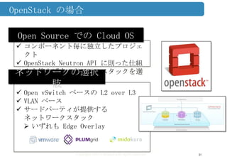 Copyright ©2013 Midokura All rights reserved
OpenStack の場合
31
 コンポーネント毎に独立したプロジェ
クト
 OpenStack Neutron API に則った仕組
みを使えばネットワークスタックを選
択可能
Open Source での Cloud OS
 Open vSwitch ベースの L2 over L3
 VLAN ベース
 サードパーティが提供する
ネットワークスタック
 いずれも Edge Overlay
ネットワークの選択
肢
 