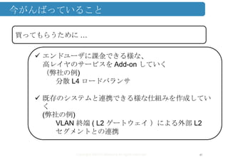 Copyright ©2013 Midokura All rights reserved
今がんばっていること
47
買ってもらうために …
 エンドユーザに課金できる様な、
高レイヤのサービスを Add-on していく
（弊社の例)
分散 L4 ロードバランサ
 既存のシステムと連携できる様な仕組みを作成してい
く
(弊社の例)
VLAN 終端 ( L2 ゲートウェイ ）による外部 L2
セグメントとの連携
 