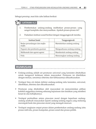 TOPIK 4 ETIKA PENGURUSAN DAN KEDAULATAN UNDANG-UNDANG  81 
Sebagai penutup, mari kita cuba latihan berikut: 
LATIHAN 4.2 
1. Pembentukan undang-undang melibatkan proses-proses yang 
sangat kompleks dan menyusahkan. Apakah proses-proses ini? 
2. Padankan institusi sosial berikut dengan tanggungjawab mereka. 
Institusi Sosial Tanggungjawab 
Badan perundangan dan majlis-majlis 
Mentafsirkan undang-undang 
Peguam dan pembantu guaman Menguatkuasa undang-undang 
Mahkamah dan agensi-agensi Membentuk undang-undang 
Polis Menerangkan undang-undang 
• Undang-undang adalah set peraturan universal yang konsisten ditubuhkan 
untuk mengawal kelakuan dalam masyarakat. Peraturan ini diterbitkan 
dengan meluas, umumnya diterima dan kebiasaannya dikuatkuasakan. 
• Terdapat lima ciri dalam definisi undang-undang iaitu konsisten, universal, 
diterbitkan, diterima dan dikuatkuasakan. 
• Peraturan yang ditubuhkan oleh masyarakat ini mencerminkan pilihan 
kolektif anggotanya tentang sebarang keputusan dan tindakan yang memberi 
kesan ke atas kebajikannya. 
• Terdapat pertindihan antara piawaian moral dengan keperluan undang-undang 
sesebuah masyarakat seperti undang-undang negara yang melarang 
merompak bank dan piawaian moral yang menegah mencuri. 
• Terdapat rangkaian empat proses dalam pembentukan undang-undang iaitu 
proses individu, proses kumpulan, proses sosial dan proses politik. 
 