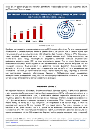 Авторское право © 2014, J’son & Partners Consulting. СМИ могут использовать текст, видео, графики и данные, содержащиеся в данном
обзоре рынка, только с использованием ссылки на источник информации – J’son & Partners Consulting или с активной ссылкой на портал
JSON TV www.json.tv.
™ J’son & Partners [зарегистрированная торговая марка] 9
концу 2014 г. достигнет 250 млн. При этом, доля M2M в мировой абонентской базе возросла в 2013 г.
до 3% против 1% годом ранее.
Рис. Мировой рынок M2M: количество M2M-подключений (слава) и их доля в общих
подключениях мобильной связи (справа)
Источник: GSMA, 2013
Наиболее интересным и перспективным сегментом М2М является Connected Car или «подключенный
автомобиль», - соответствующие анонсы в рамках MWC-2014 сделали Ford и General Motors. При
этом, национальные проекты, такие как eCall в Европе, «Эра-Глонасс» в России и STV в Бразилии, а
также недавний американский анонс от US National Highway Traffic Safety Administration по
обеспечению связи между транспортными средствами, являются наиболее существенными
драйверами развития рынка М2М на этом вертикальном рынке. Тем не менее, бизнес-модель,
позволяющая напрямую монетизировать M2M в автомобильной отрасли, еще не построена, - на это
обращают внимание Вице-президент по развитию бизнеса Qualcomm Канвалиндер Сайнг
(Kanwalinder Singh). С точки зрения автопроизводителя, сам по себе доступ к информации об
автомобиле - не несет для него очевидной выгоды. Однако если речь идет, к примеру, о плановом
или внеплановом сервисном обслуживании (данные с M2M-датчиков могут передаваться
непосредственно в технический центр, который вышлет предупреждение для владельца ТС) – в этом
случае выгоды для экосистемы автопроизводителей очевидны.
Мобильные финансы
Что касается мобильной экосистемы в части финансовых сервисов и услуг, то для рынков развитых
стран основным драйвером является дальнейшее проникновение NFC и мобильной коммерции, в то
время как для развивающихся стран, - возможность оказания первичных финансовых услуг в
отсутствии развитой банковской системы (денежные переводы, платежи, микрофинансирование и
т.д.). Это подтверждается данными последнего исследования GSMA, согласно которым сервисы
mobile money на конец 2013 года запустили 219 операторов в 84 странах мира, а число их
пользователей достигло 61 млн человек (37 млн годом ранее). При этом, половина из них
приходится на страны Африки, где в 9 странах число мобильных кошельков превысило число
банковских счетов. Что касается развития сервисов мобильных платежей в развитых странах, то оно
напрямую связано с ростом NFC-экосистемы. Причем, эффективность внедрения таких технологий,
75
108
149
195
250
2010 2011 2012 2013 2014
млнподключений
1%
3% 2013 г.
2010 г.
 