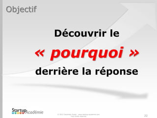 Objectif
© 2012 Davender Gupta - www.startup-academie.com
Tous droits réservés 22
Découvrir le
« pourquoi »
derrière la réponse
 