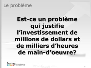 Le problème
Est-ce un problème
qui justifie
l’investissement de
millions de dollars et
de milliers d’heures
de main-d’oeuvre?
© 2012 Davender Gupta - www.startup-academie.com –
Tous droits réservés 25
 