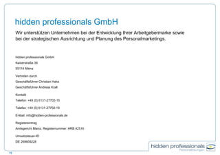 hidden professionals GmbH
Wir unterstützen Unternehmen bei der Entwicklung Ihrer Arbeitgebermarke sowie
bei der strategischen Ausrichtung und Planung des Personalmarketings.
hidden professionals GmbH
Kaiserstraße 39
55116 Mainz
Vertreten durch
Geschäftsführer Christian Hake
Geschäftsführer Andreas Krall
Kontakt
Telefon: +49 (0) 6131-27702-15
Telefax: +49 (0) 6131-27702-19
E-Mail: info@hidden-professionals.de
Registereintrag
Amtsgericht Mainz, Registernummer: HRB 42516
Umsatzsteuer-ID
DE 269609228
16
 