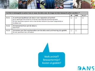 Data bewaren – lange termijn
Welk archief?
Bewaartermijn?
Kosten al gedekt?
 