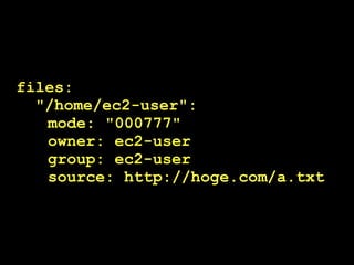 files:
"/home/ec2-user":
mode: "000777"
owner: ec2-user
group: ec2-user
source: http://hoge.com/a.txt
 