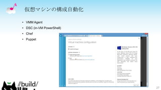 仮想マシンの構成自動化
27
• VMM Agent
• DSC (in-VM PowerShell)
• Chef
• Puppet
 