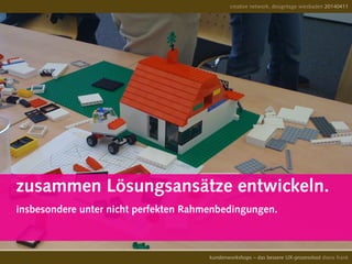 creative network, designtage wiesbaden 20140411
kundenworkshops – das bessere UX-prozesstool diana frank
zusammen Lösungsansätze entwickeln.
insbesondere unter nicht perfekten Rahmenbedingungen.
 