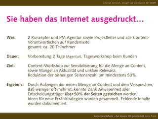 Sie haben das Internet ausgedruckt…
Wer: 		 2 Konzepter und PM Agentur sowie Projektleiter und alle Content- 	
				 Verantwortlichen auf Kundenseite
				 gesamt: ca. 20 Teilnehmer
Dauer:	 Vorbereitung 2 Tage (Agentur), Tagesworkshop beim Kunden
	
Ziel: 		 Content-Workshop zur Sensibilisierung für die Menge an Content,
				 sowie Mangel an Aktualität und unklare Relevanz.
				 Reduktion der bisherigen Seitenanzahl um mindestens 50%.
Ergebnis:	 Durch Aufzeigen der reinen Menge an Content und dem Versprechen,
				 daß weniger oft mehr ist, konnte Dank Anwesenheit aller
				 Entscheidungsträger über 50% der Seiten gestrichen werden.
				 Ideen für neue Erzählstrategien wurden gesammelt. Fehlende Inhalte
				 wurden dokumentiert.
creative network, designtage wiesbaden 20140411
kundenworkshops – das bessere UX-prozesstool diana frank
 