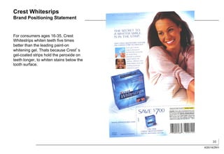 30
4/20/14/ZKH
Crest Whitesrips
Brand Positioning Statement
For consumers ages 16-35, Crest
Whitestrips whiten teeth five times
better than the leading paint-on
whitening gel. Thats because Crest’s
gel-coated strips hold the peroxide on
teeth longer, to whiten stains below the
tooth surface.
 