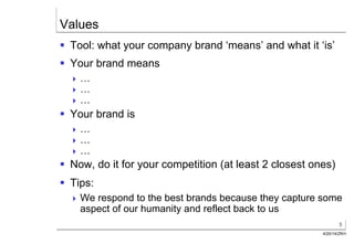 5
4/20/14/ZKH
Values
§  Tool: what your company brand ‘means’ and what it ‘is’
§  Your brand means
! …
! …
! …
§  Your brand is
! …
! …
! …
§  Now, do it for your competition (at least 2 closest ones)
§  Tips:
! We respond to the best brands because they capture some
aspect of our humanity and reflect back to us
 
