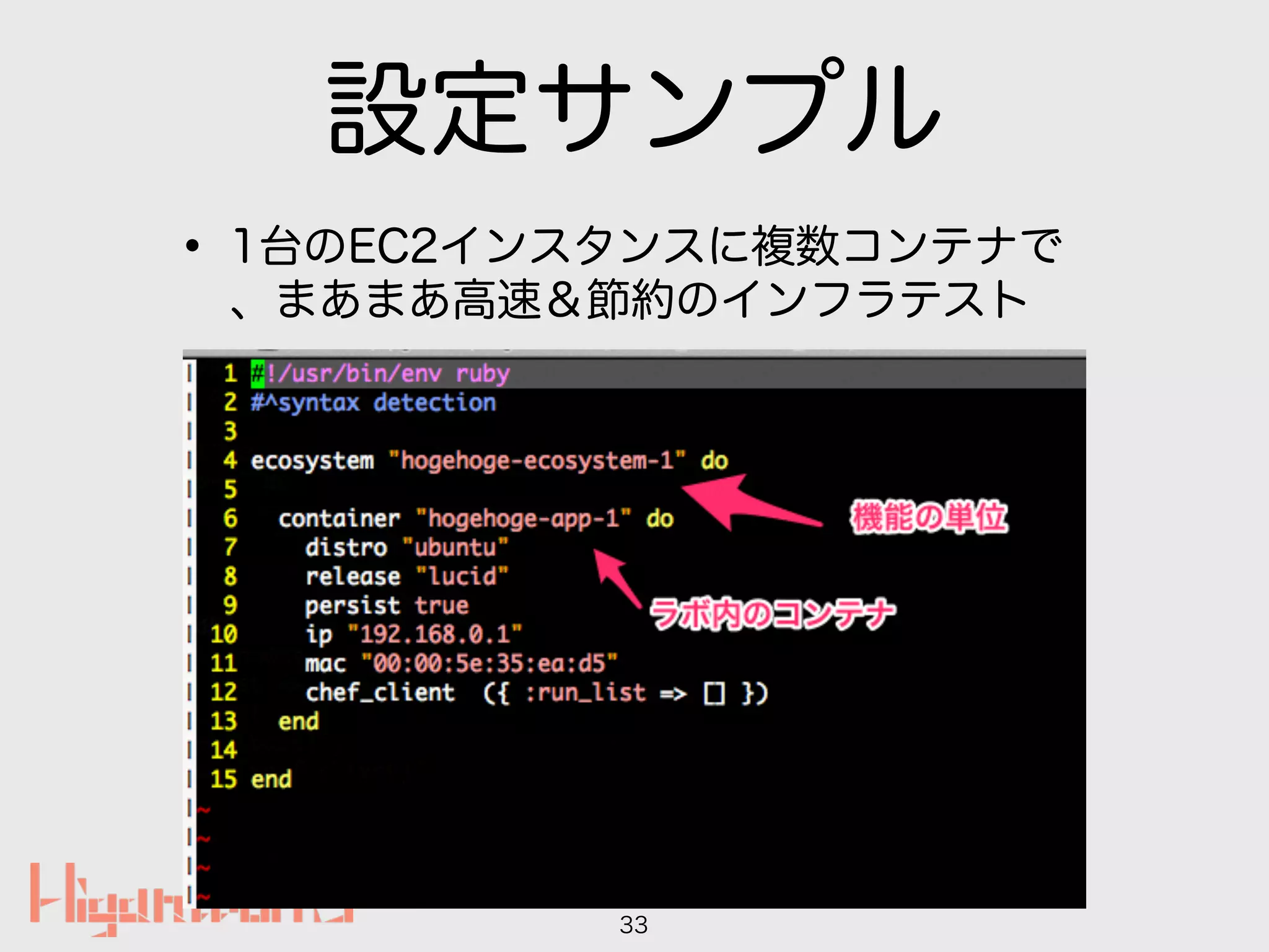 設定サンプル
• 1台のEC2インスタンスに複数コンテナで 
、まあまあ高速＆節約のインフラテスト
33
 