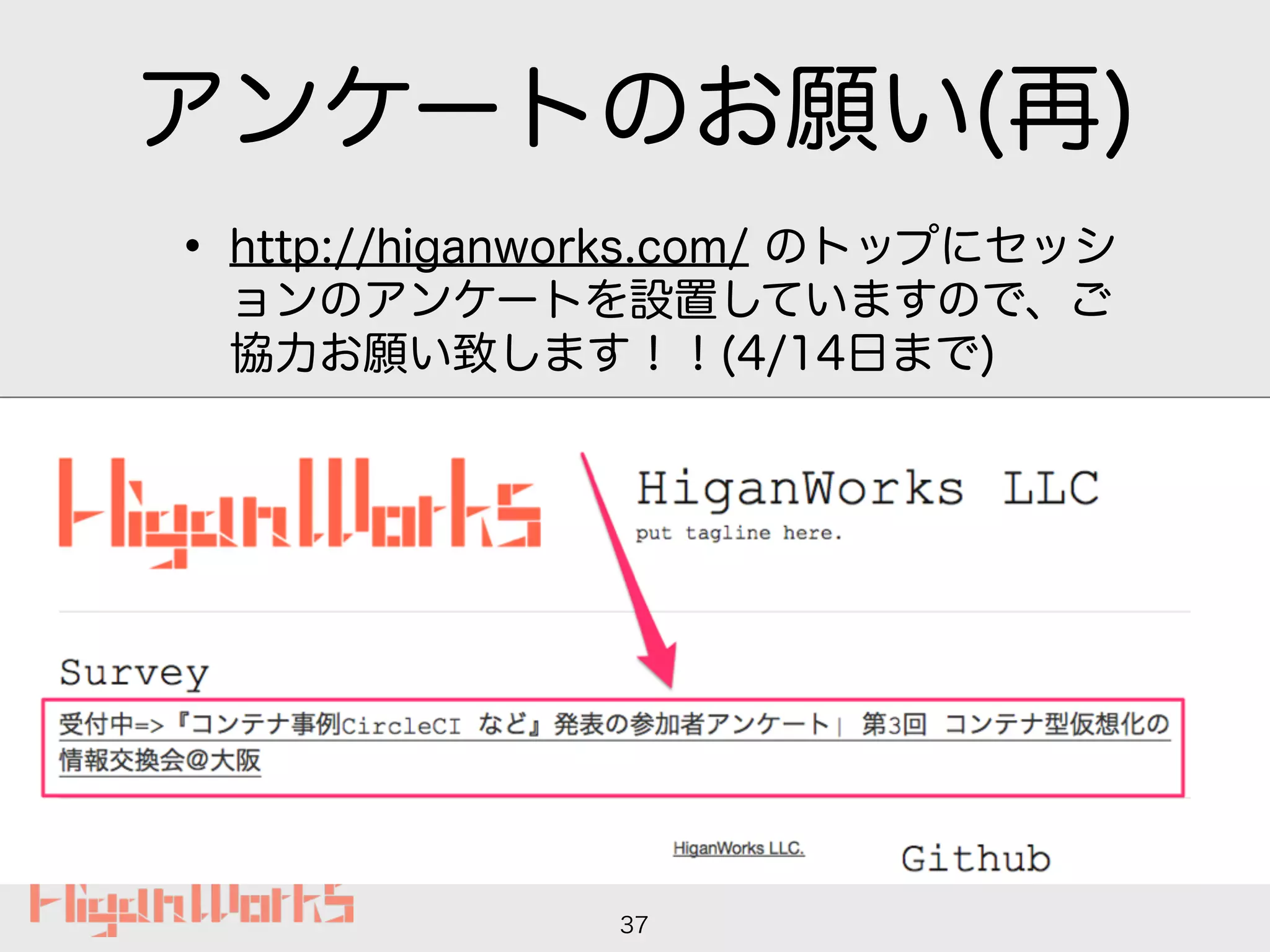 アンケートのお願い(再)
• http://higanworks.com/ のトップにセッシ
ョンのアンケートを設置していますので、ご
協力お願い致します！！(4/14日まで)
37
 