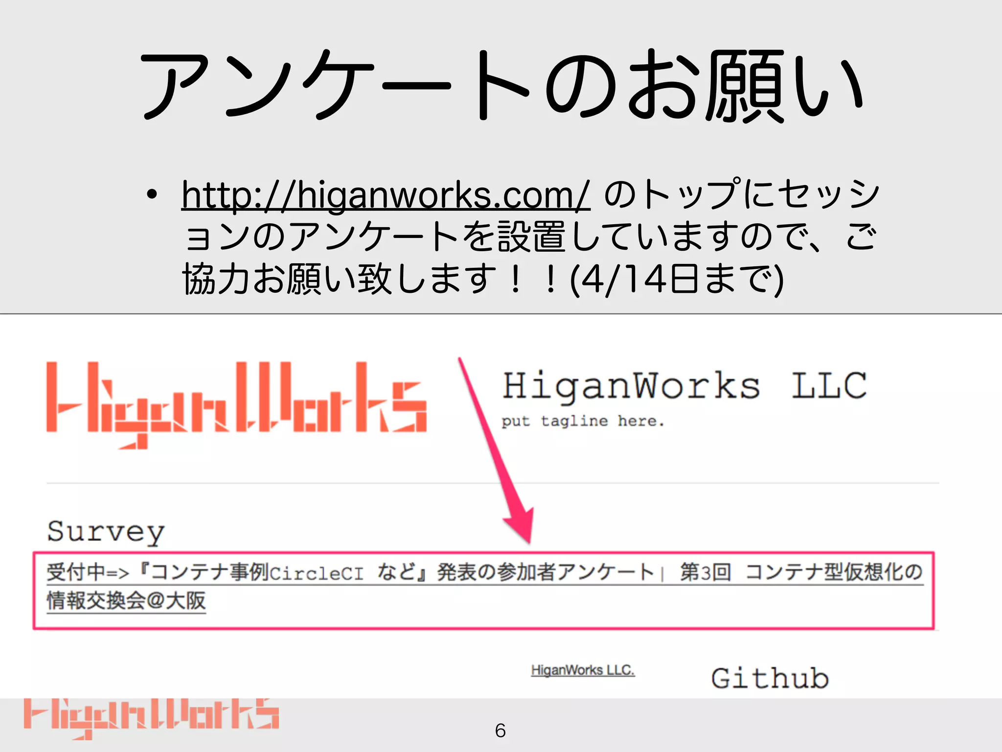 アンケートのお願い
• http://higanworks.com/ のトップにセッシ
ョンのアンケートを設置していますので、ご
協力お願い致します！！(4/14日まで)
6
 