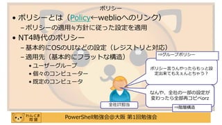 PowerShell勉強会＠大阪 第1回勉強会
• ポリシーとは（Policy←weblioへのリンク）
– ポリシーの適用≒方針に従った設定を適用
• NT4時代のポリシー
– 基本的にOSのUIなどの設定（レジストリと対応）
– 適用先（基本的にフラットな構造）
• ユーザーグループ
• 個々のコンピューター
• 既定のコンピュータ
ポリシー
全社IT担当
なんや、全社の一部の設定が
変わったら全部再コピペorz
⇒階層構造
ポリシー言うんやったらもっと設
定出来てもえぇんとちゃう？
⇒グループポリシー
 