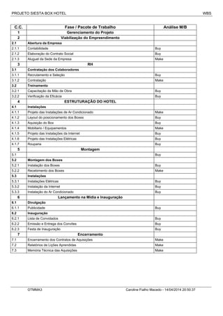PROJETO SIESTA BOX HOTEL WBS
C.C. Fase / Pacote de Trabalho Análise M/B
1 Gerenciamento do Projeto
2 Viabilização do Empreendimento
2.1 Abertura da Empresa
2.1.1 Contabilidade Buy
2.1.2 Elaboração do Contrato Social Buy
2.1.3 Aluguel da Sede da Empresa Make
3 RH
3.1 Contratação dos Colaboradores
3.1.1 Recrutamento e Seleção Buy
3.1.2 Contratação Make
3.2 Treinamento
3.2.1 Capacitação da Mão de Obra Buy
3.2.2 Verificação da Eficácia Buy
4 ESTRUTURAÇÃO DO HOTEL
4.1 Instalações
4.1.1 Projeto das Instalações de Ar Condicionado Make
4.1.2 Layout do posicionamento dos Boxes Buy
4.1.3 Aquisição do Box Buy
4.1.4 Mobiliario / Equipamentos Make
4.1.5 Projeto das Instalações da Internet Buy
4.1.6 Projeto das Instalações Elétricas Buy
4.1.7 Rouparia Buy
5 Montagem
5.1 Buy
5.2 Montagem dos Boxes
5.2.1 Instalação dos Boxes Buy
5.2.2 Recebimento dos Boxes Make
5.3 Instalações
5.3.1 Instalações Elétricas Buy
5.3.2 Instalação da Internet Buy
5.3.3 Instalação do Ar Condicionado Buy
6 Lançamento na Mídia e Inauguração
6.1 Divulgação
6.1.1 Publicidade Buy
6.2 Inauguração
6.2.1 Lista de Convidados Buy
6.2.2 Emissão e Entrega dos Convites Buy
6.2.3 Festa de Inauguração Buy
7 Encerramento
7.1 Encerramento dos Contratos de Aquisições Make
7.2 Relatórios de Lições Aprendidas Make
7.3 Memória Técnica das Aquisições Make
OTMMA3 Caroline Fialho Macedo - 14/04/2014 20:50:37
 