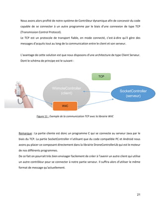 21 
Nous avons alors profité de notre système de Contrôleur dynamique afin de concevoir du code capable de se connecter à un autre programme par le biais d’une connexion de type TCP (Transmission Control Protocol). 
Le TCP est un protocole de transport fiable, en mode connecté, c’est-à-dire qu’il gère des messages d’acquits tout au long de la communication entre le client et son serveur. 
L’avantage de cette solution est que nous disposons d’une architecture de type Client Serveur. 
Dont le schéma de principe est le suivant : 
Remarque : La partie cliente est donc un programme C qui se connecte au serveur Java par le biais du TCP. La partie SocketController n’utilisant que du code compatible PC et Android nous avons pu placer ce composant directement dans la librairie DroneControllerLib qui est le moteur de nos différents programmes. 
De ce fait on pourrait très bien envisager facilement de créer à l’avenir un autre client qui utilise un autre contrôleur pour se connecter à notre partie serveur. Il suffira alors d’utiliser le même format de message qu’actuellement. 
SocketController 
(serveur) 
WiimoteController (client) 
WiiC 
TCP 
Figure 11 : Exemple de la communication TCP avec la librairie WiiC  