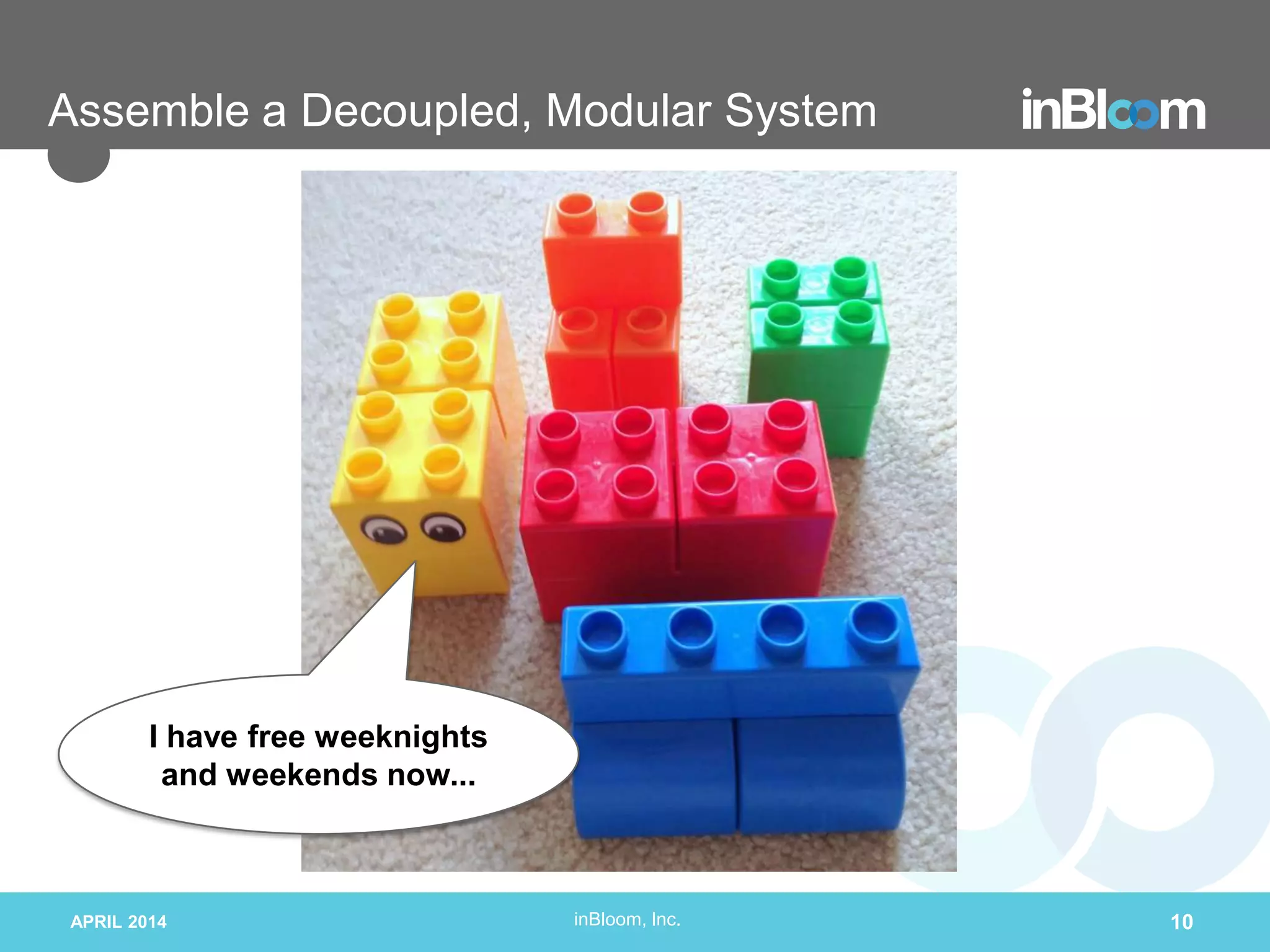 inBloom, Inc.
Assemble a Decoupled, Modular System
APRIL 2014 10
I have free weeknights
and weekends now...
 
