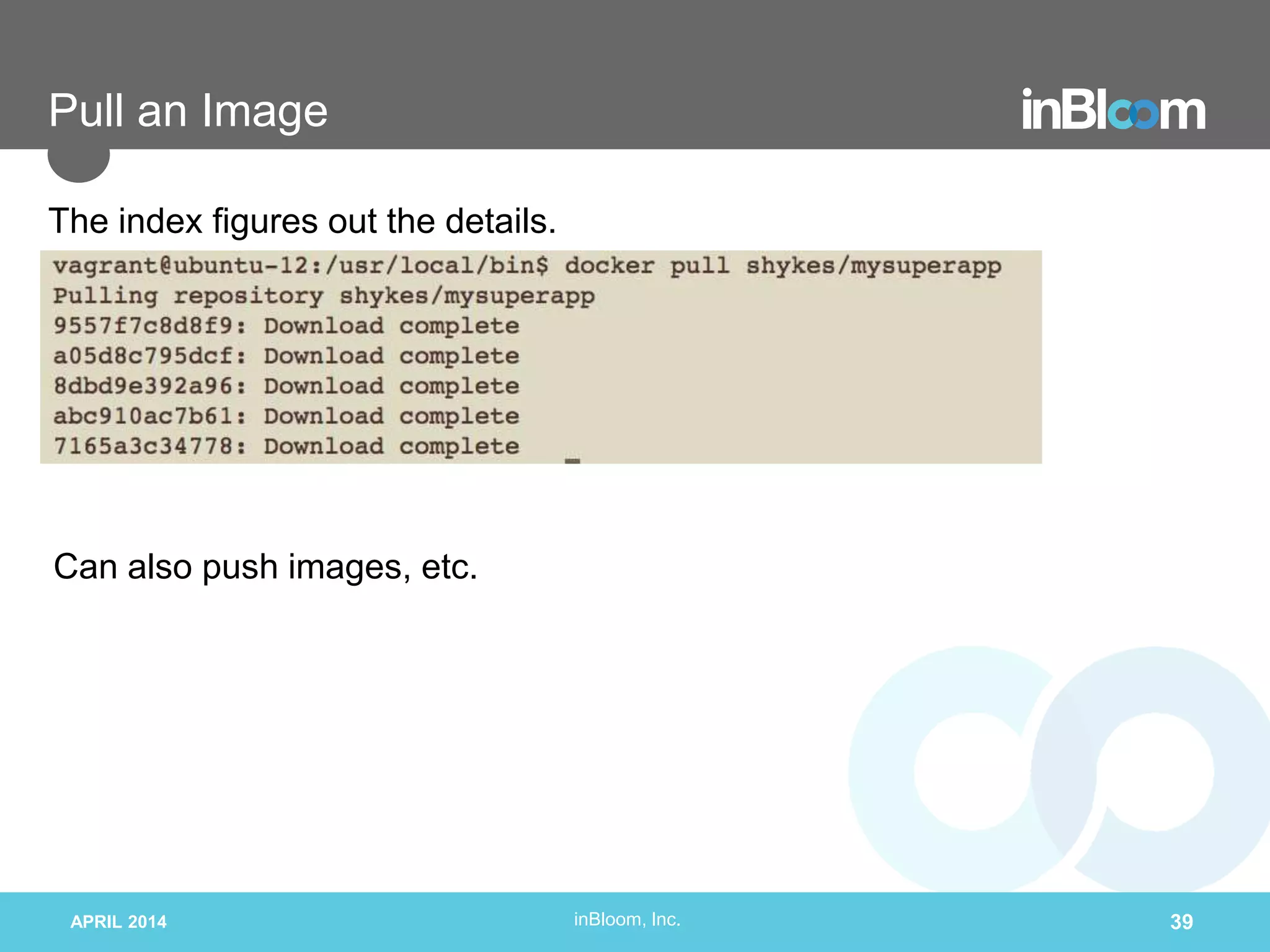 inBloom, Inc.
Pull an Image
APRIL 2014 39
The index figures out the details.
Can also push images, etc.
 