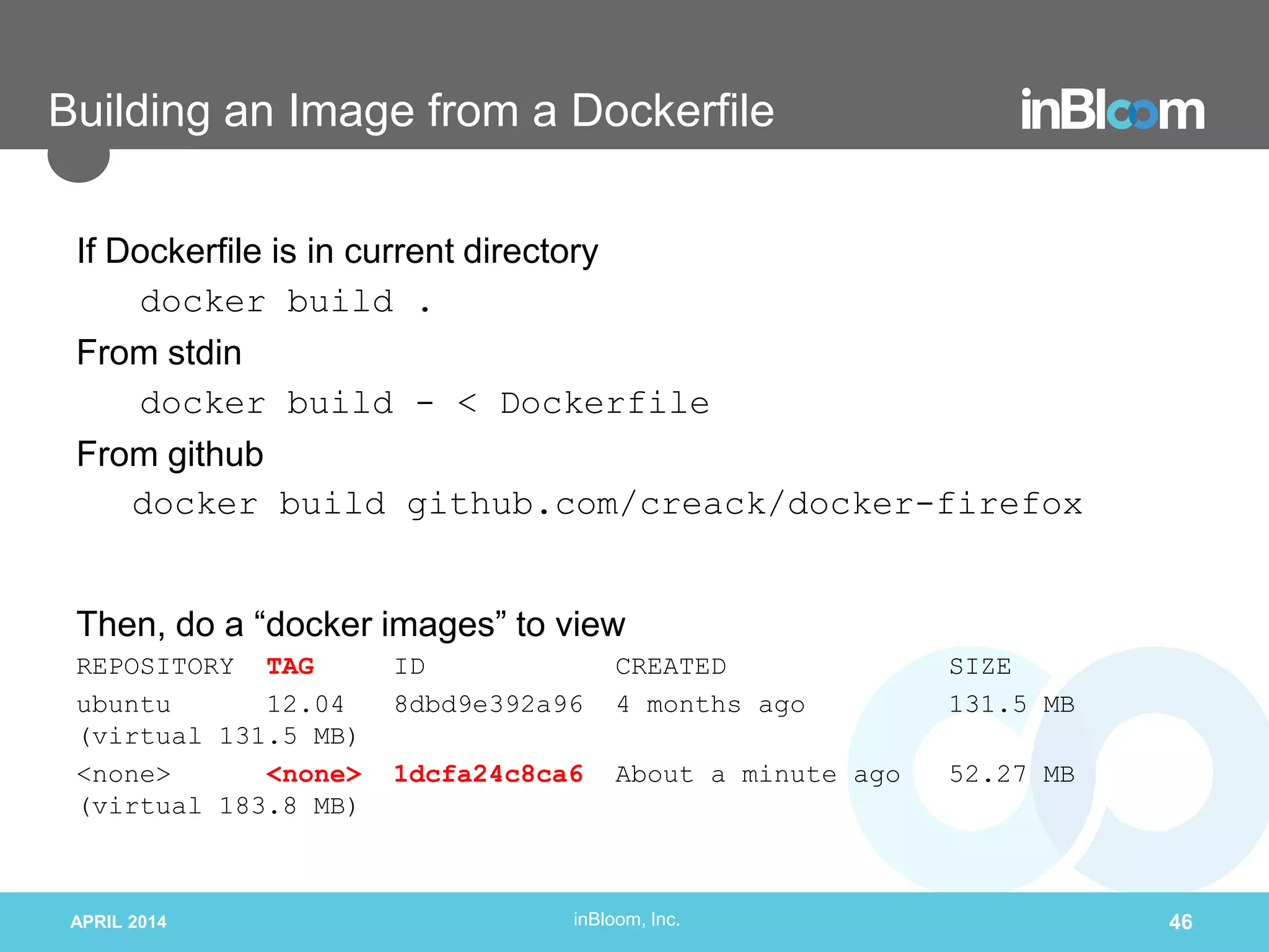 inBloom, Inc.
Building an Image from a Dockerfile
If Dockerfile is in current directory
docker build .
From stdin
docker build - < Dockerfile
From github
docker build github.com/creack/docker-firefox
Then, do a “docker images” to view
REPOSITORY TAG ID CREATED SIZE
ubuntu 12.04 8dbd9e392a96 4 months ago 131.5 MB
(virtual 131.5 MB)
<none> <none> 1dcfa24c8ca6 About a minute ago 52.27 MB
(virtual 183.8 MB)
APRIL 2014 46
 