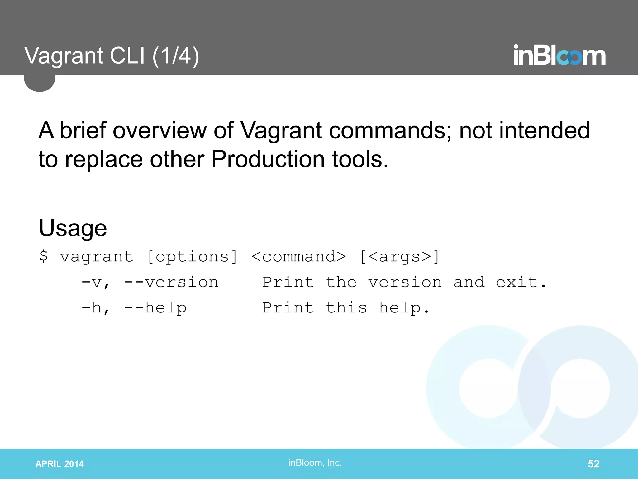 inBloom, Inc.
Vagrant CLI (1/4)
A brief overview of Vagrant commands; not intended
to replace other Production tools.
Usage
$ vagrant [options] <command> [<args>]
-v, --version Print the version and exit.
-h, --help Print this help.
APRIL 2014 52
 
