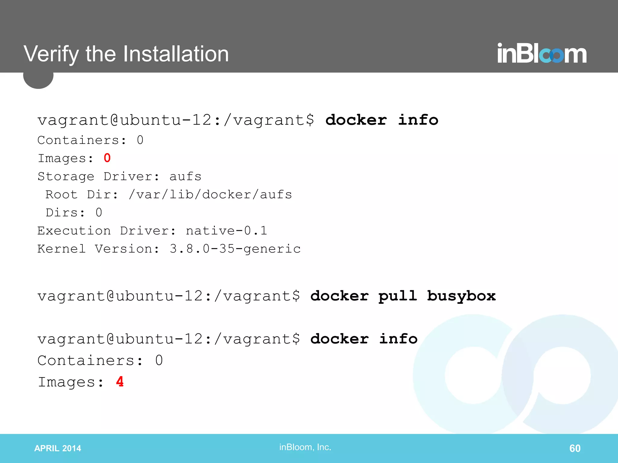 inBloom, Inc.
Verify the Installation
vagrant@ubuntu-12:/vagrant$ docker info
Containers: 0
Images: 0
Storage Driver: aufs
Root Dir: /var/lib/docker/aufs
Dirs: 0
Execution Driver: native-0.1
Kernel Version: 3.8.0-35-generic
vagrant@ubuntu-12:/vagrant$ docker pull busybox
vagrant@ubuntu-12:/vagrant$ docker info
Containers: 0
Images: 4
APRIL 2014 60
 