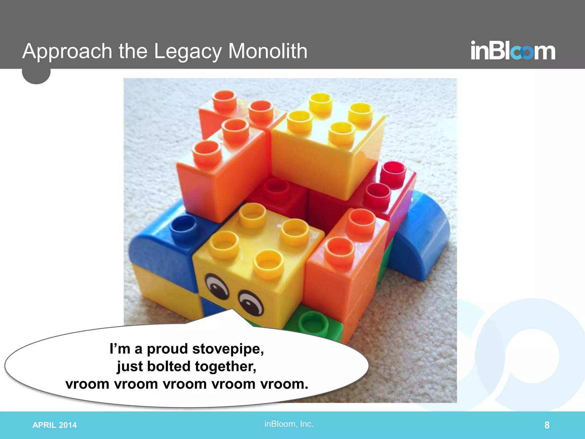 inBloom, Inc.
Approach the Legacy Monolith
APRIL 2014 8
I’m a proud stovepipe,
just bolted together,
vroom vroom vroom vroom vroom.
 