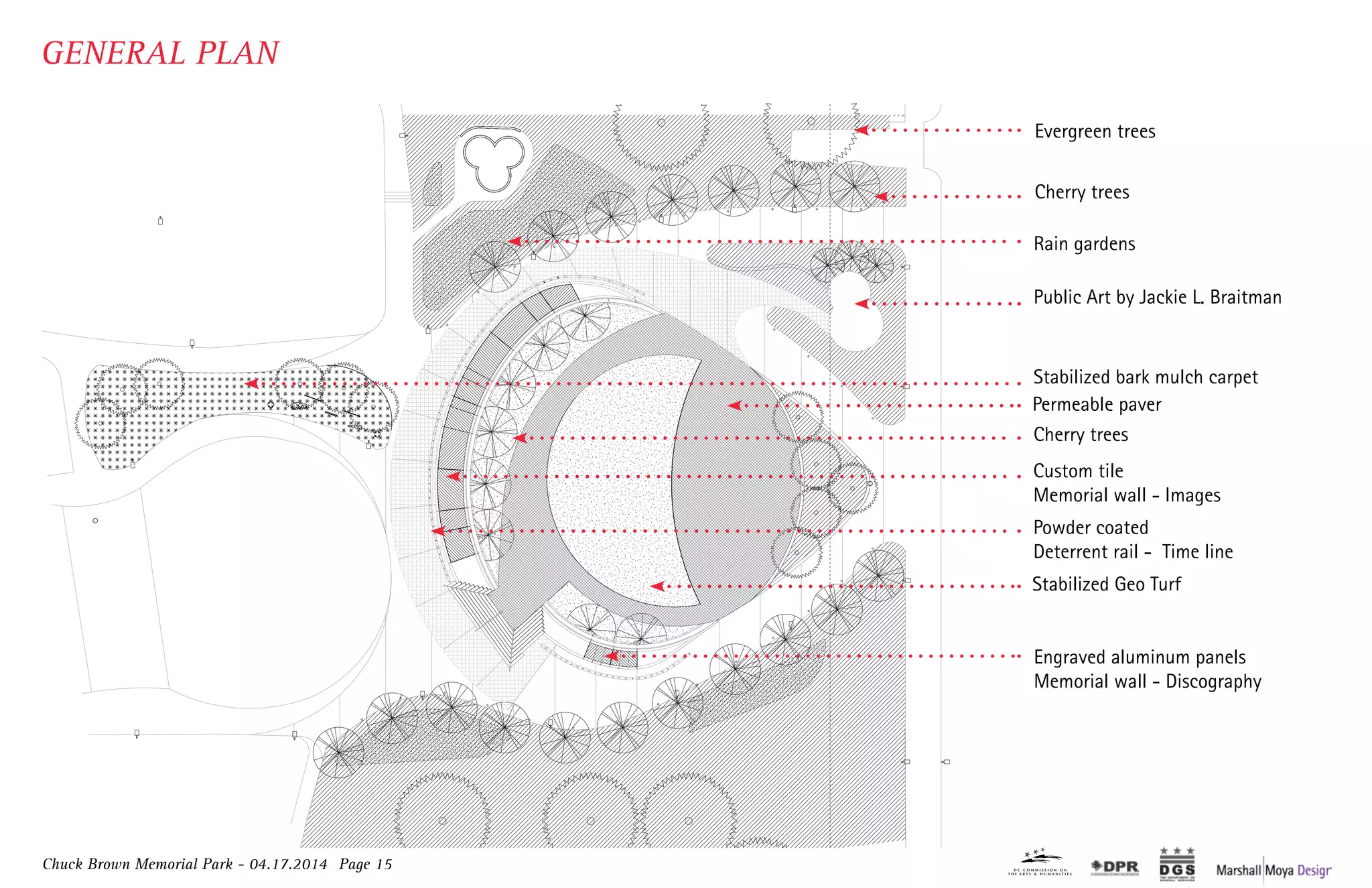 Chuck Brown Memorial Park - 04.17.2014 Page 15
GENERAL PLAN
Custom tile
Memorial wall - Images
Engraved aluminum panels
Memorial wall - Discography
Powder coated
Deterrent rail - Time line
Cherry trees
Cherry trees
Evergreen trees
Rain gardens
Stabilized bark mulch carpet
Public Art by Jackie L. Braitman
Permeable paver
Stabilized Geo Turf
 