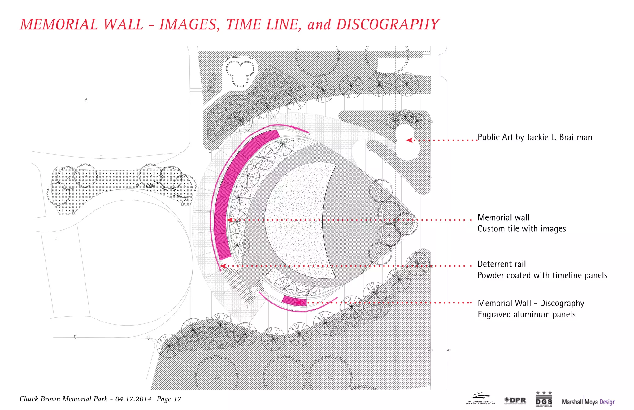 Chuck Brown Memorial Park - 04.17.2014 Page 17
MEMORIAL WALL - IMAGES, TIME LINE, and DISCOGRAPHY
Memorial Wall - Discography
Engraved aluminum panels
Memorial wall
Custom tile with images
Deterrent rail
Powder coated with timeline panels
Public Art by Jackie L. Braitman
 