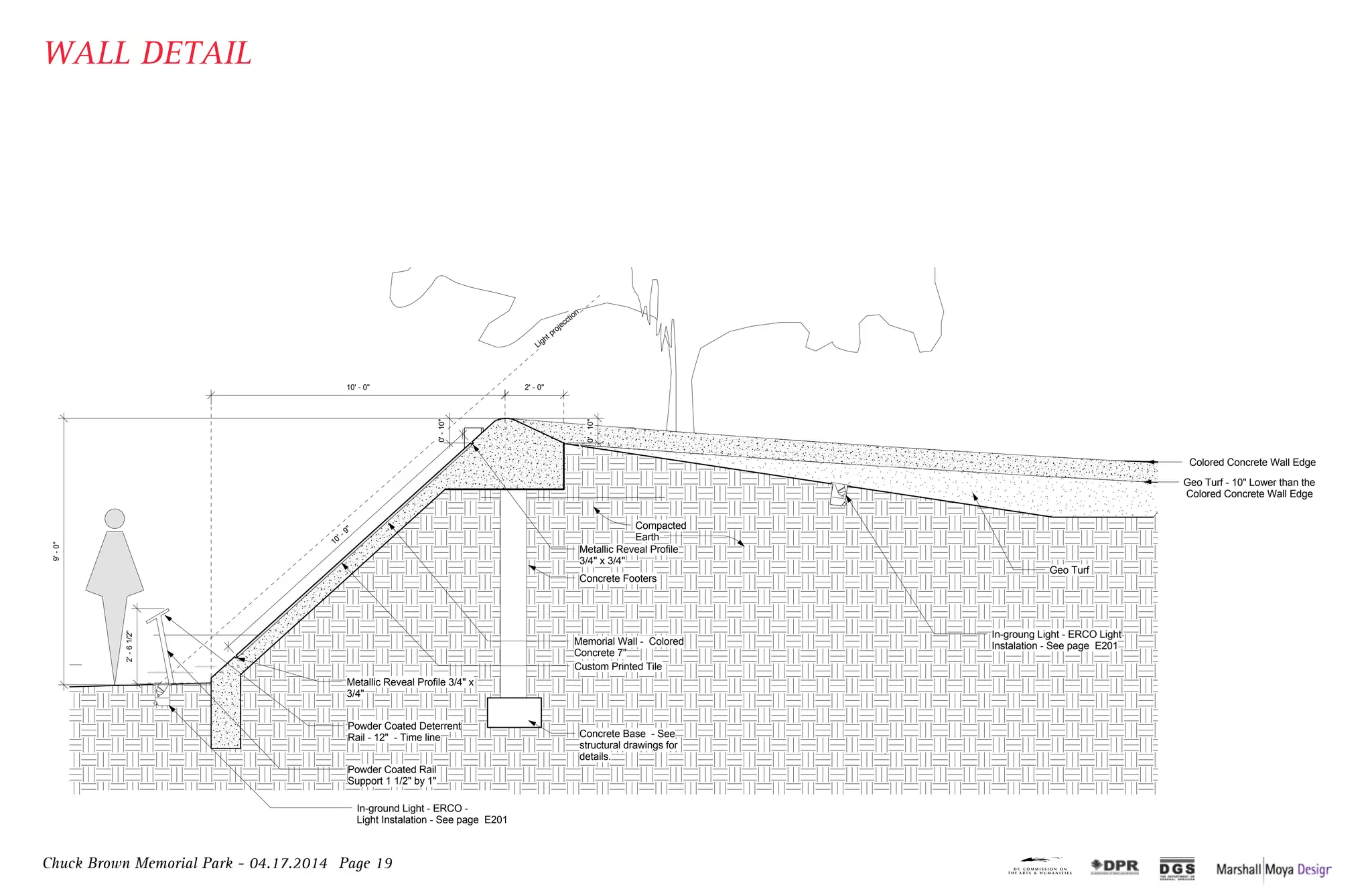 Chuck Brown Memorial Park - 04.17.2014 Page 19
light projecction
memorial Wall - Colored
Concrete 7"
Compacted
Earth
Geo turf
In-ground light - ERCo -
light Instalation - see page E201
In-groung light - ERCo light
Instalation - see page E201
Powder Coated deterrent
Rail - 12" - time line
Geo turf - 10" lower than the
Colored Concrete Wall Edge
Colored Concrete Wall Edge
Powder Coated Rail
support 1 1/2" by 1"
Custom Printed tile
Concrete Base - see
structural drawings for
details.
Concrete Footers
10' - 0" 2' - 0"
10' - 9"
0'-10"
0'-10"
9'-0"
metallic Reveal Profile
3/4" x 3/4"
metallic Reveal Profile 3/4" x
3/4"
2'-61/2"
WALL DETAIL
 