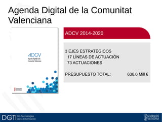 Agenda Digital de la Comunitat 
Valenciana 
A D CV 2014-2020 
3 EJES ESTRATÉGICOS 
17 LÍNEAS DE ACTUACIÓN 
73 ACTUACIONES 
PRESUPUESTO TOTAL: 636,6 Mill € 
 